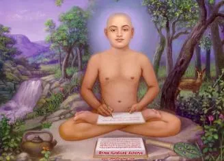 Painting of Acharya Kundkund writing the scriptures in a forest